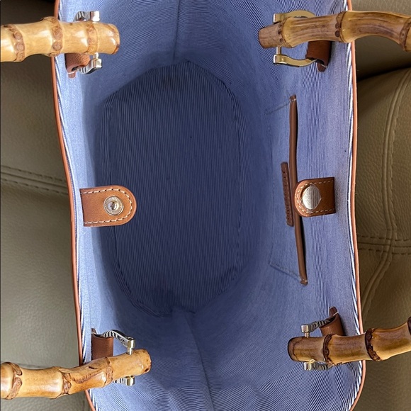 J McLaughlin Elpis Woven Straw Handbag Bamboo Handles Leather Upper Trim. - Picture 3 of 13